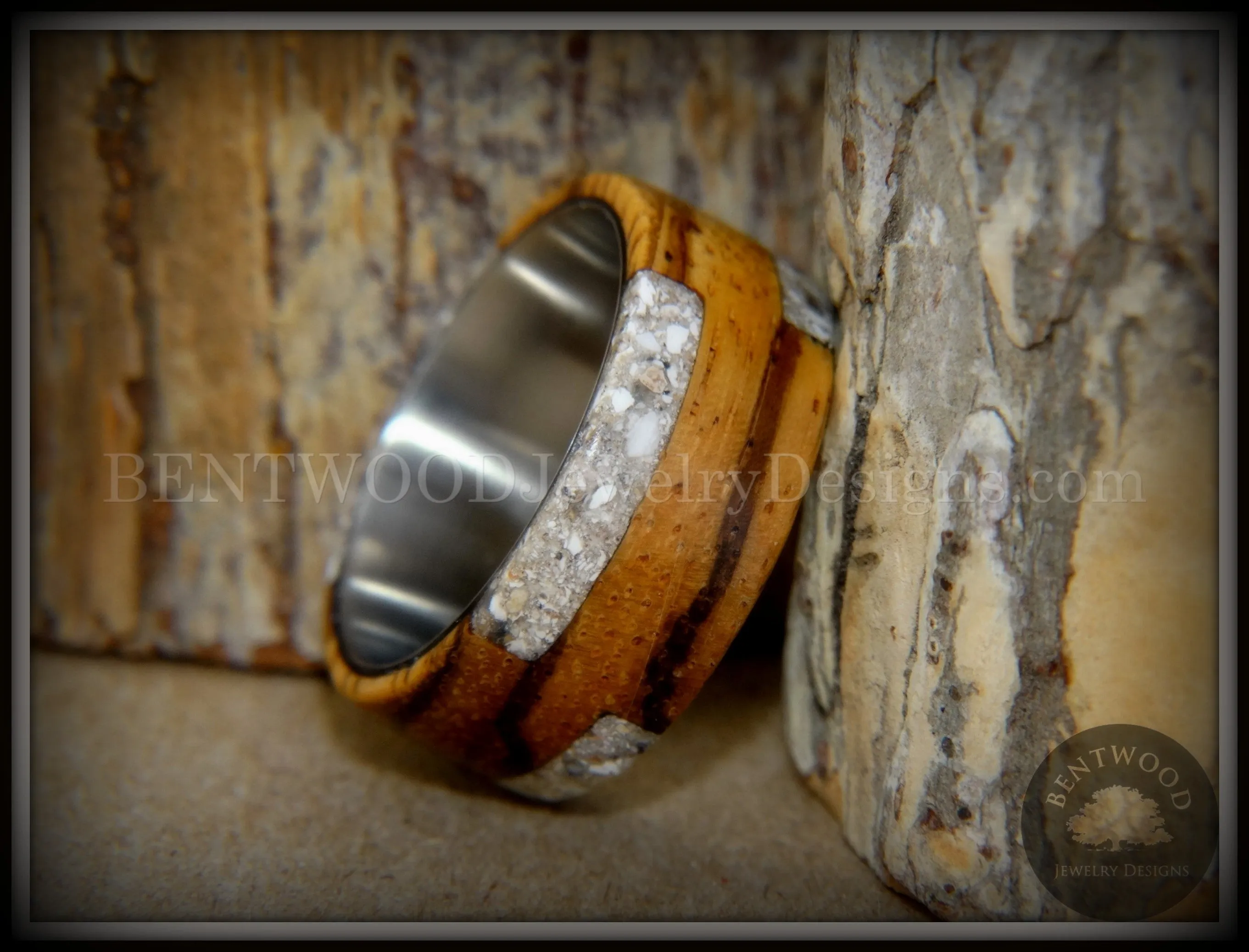 Bentwood Ring - "Remembrance" Zebrawood Cremation Ash Inlay on Titanium Steel Comfort Fit Core