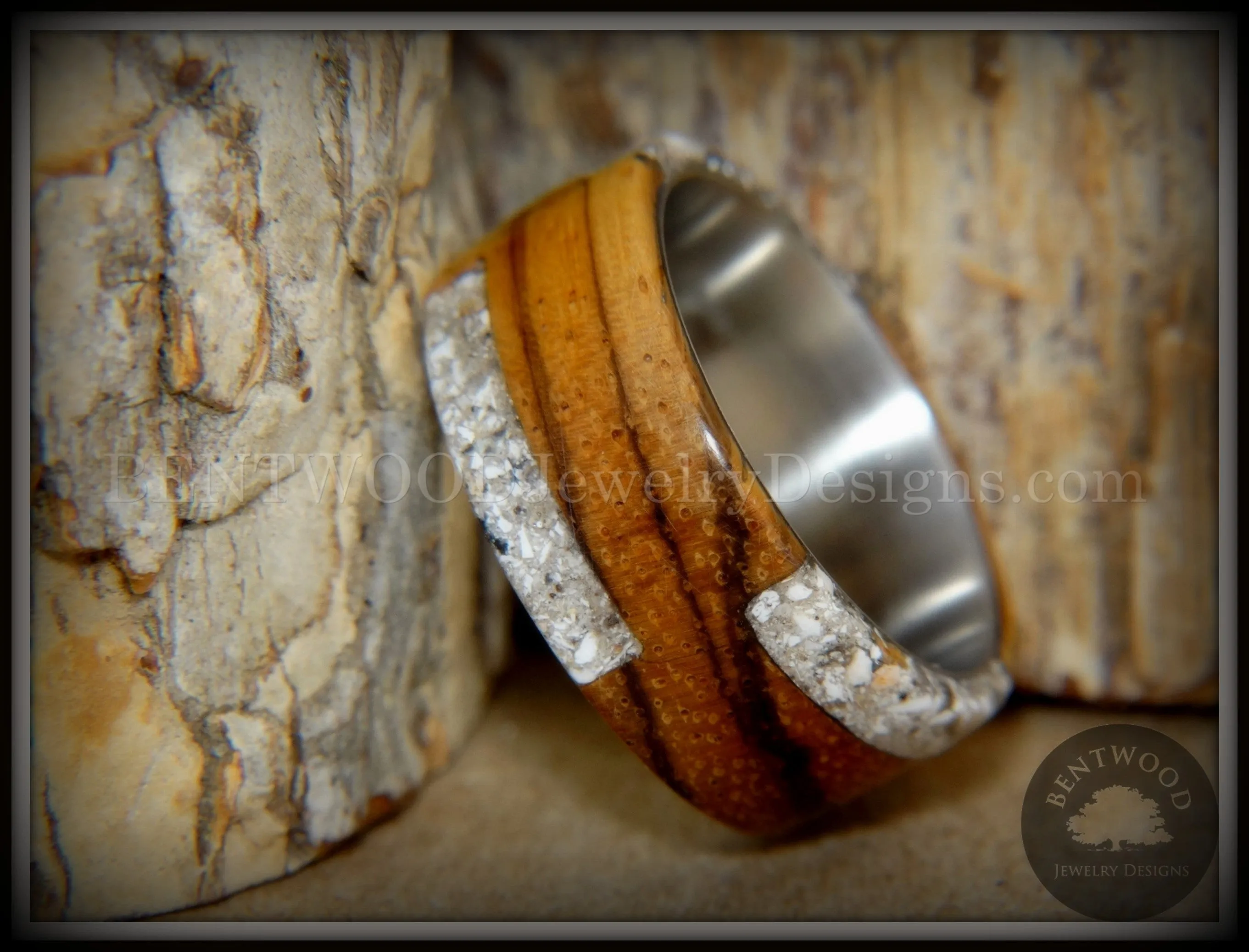 Bentwood Ring - "Remembrance" Zebrawood Cremation Ash Inlay on Titanium Steel Comfort Fit Core