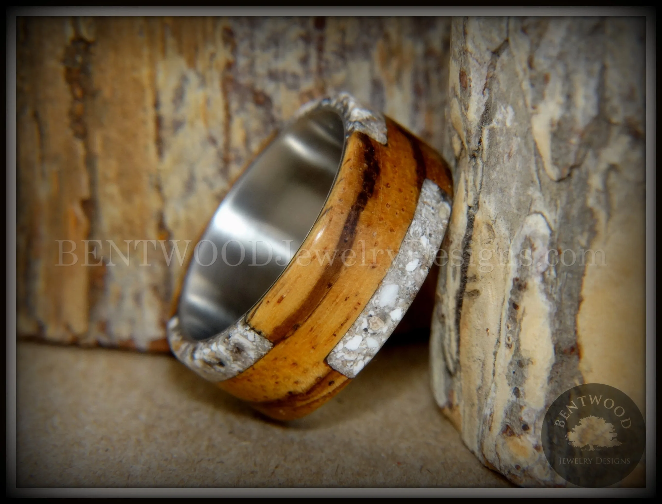 Bentwood Ring - "Remembrance" Zebrawood Cremation Ash Inlay on Titanium Steel Comfort Fit Core