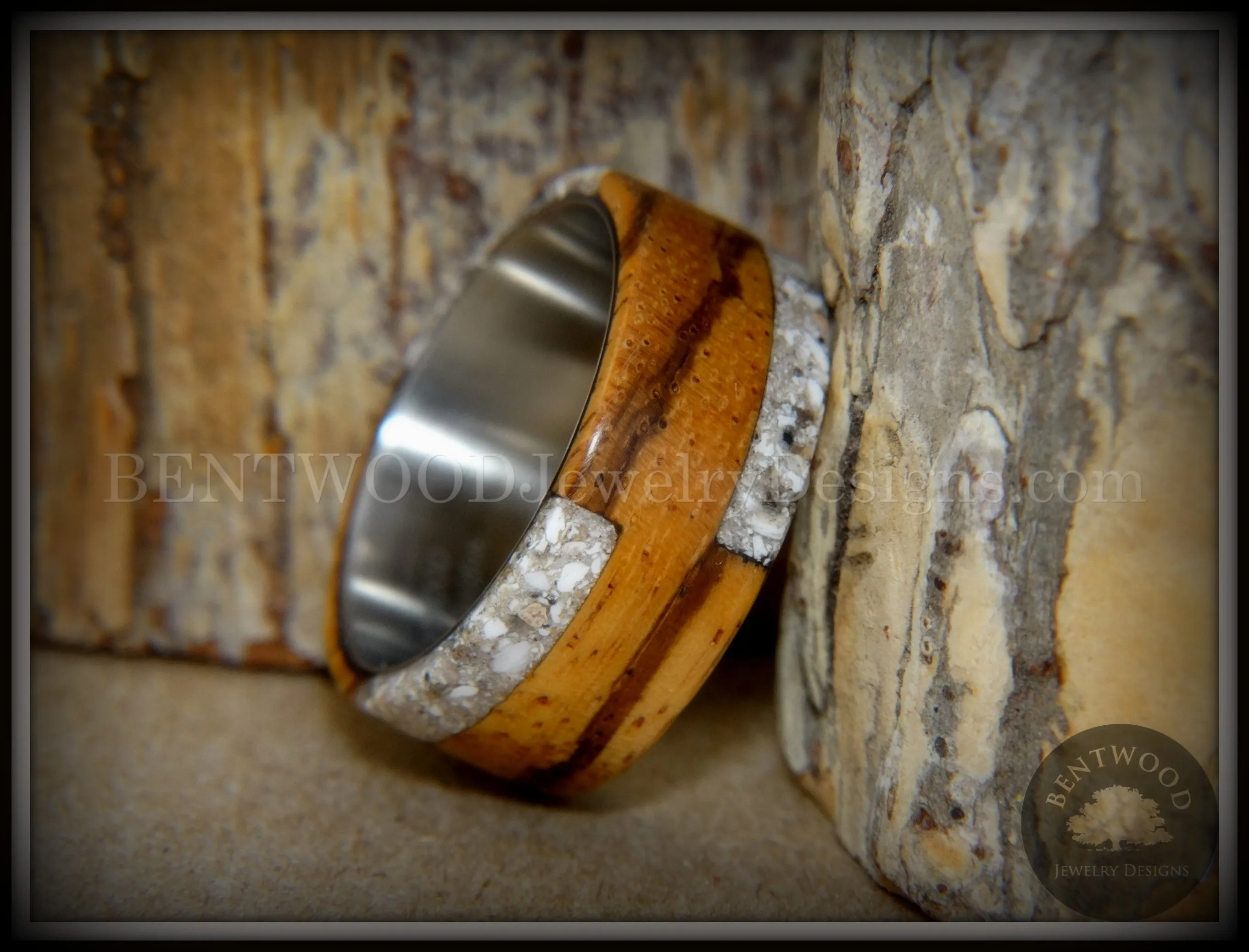 Bentwood Ring - "Remembrance" Zebrawood Cremation Ash Inlay on Titanium Steel Comfort Fit Core