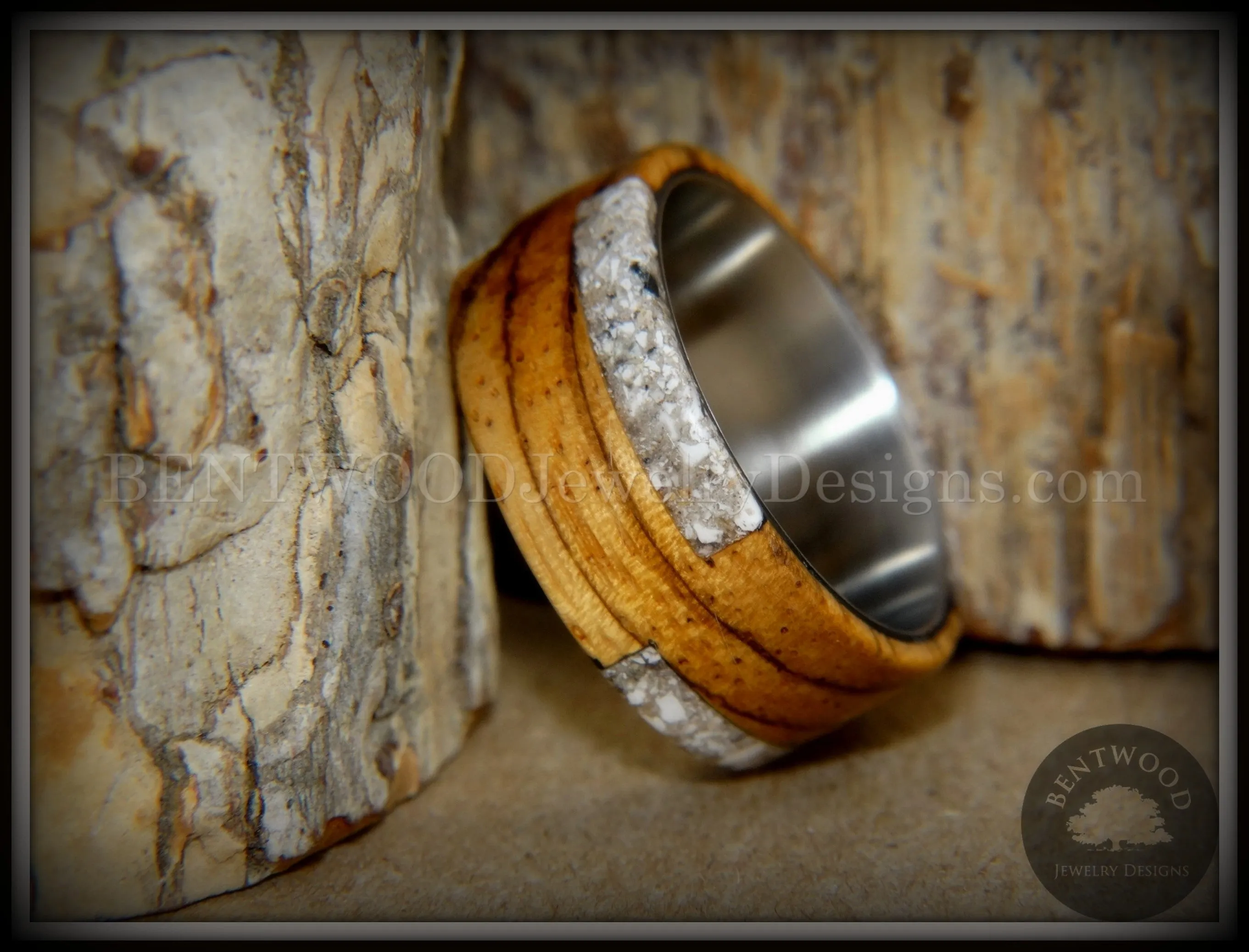 Bentwood Ring - "Remembrance" Zebrawood Cremation Ash Inlay on Titanium Steel Comfort Fit Core