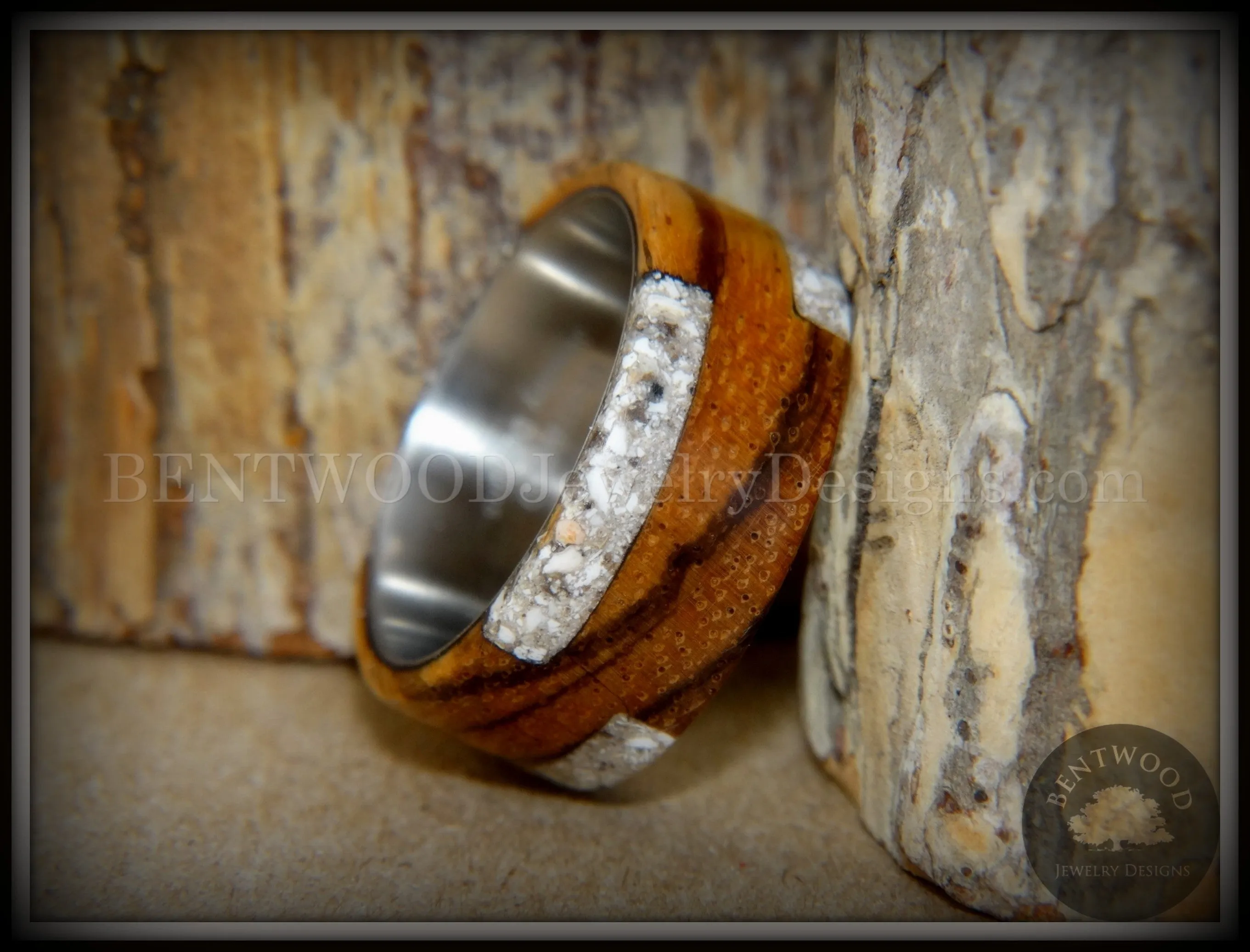 Bentwood Ring - "Remembrance" Zebrawood Cremation Ash Inlay on Titanium Steel Comfort Fit Core