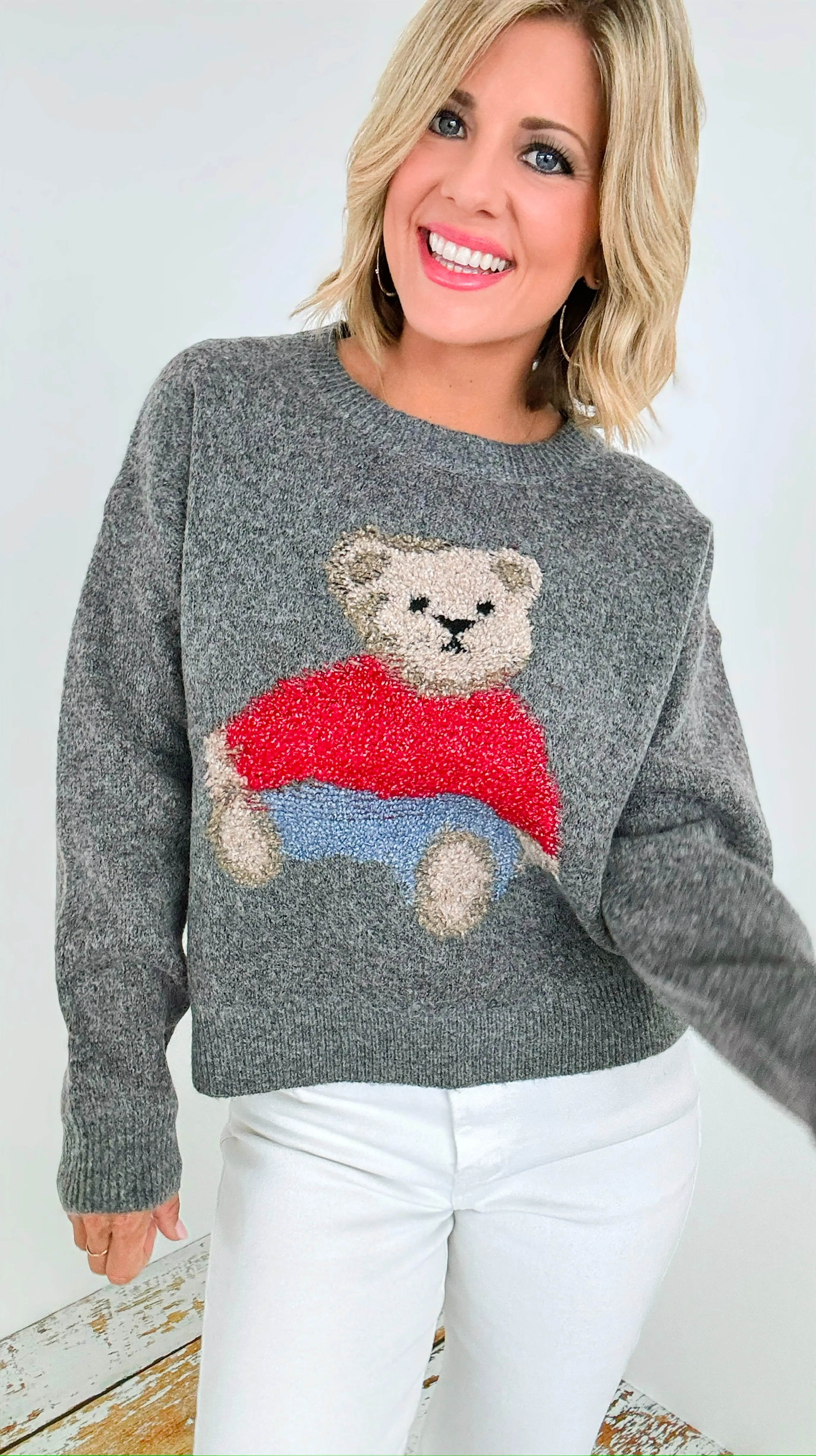 Cozy Bear Knit Sweater - Grey