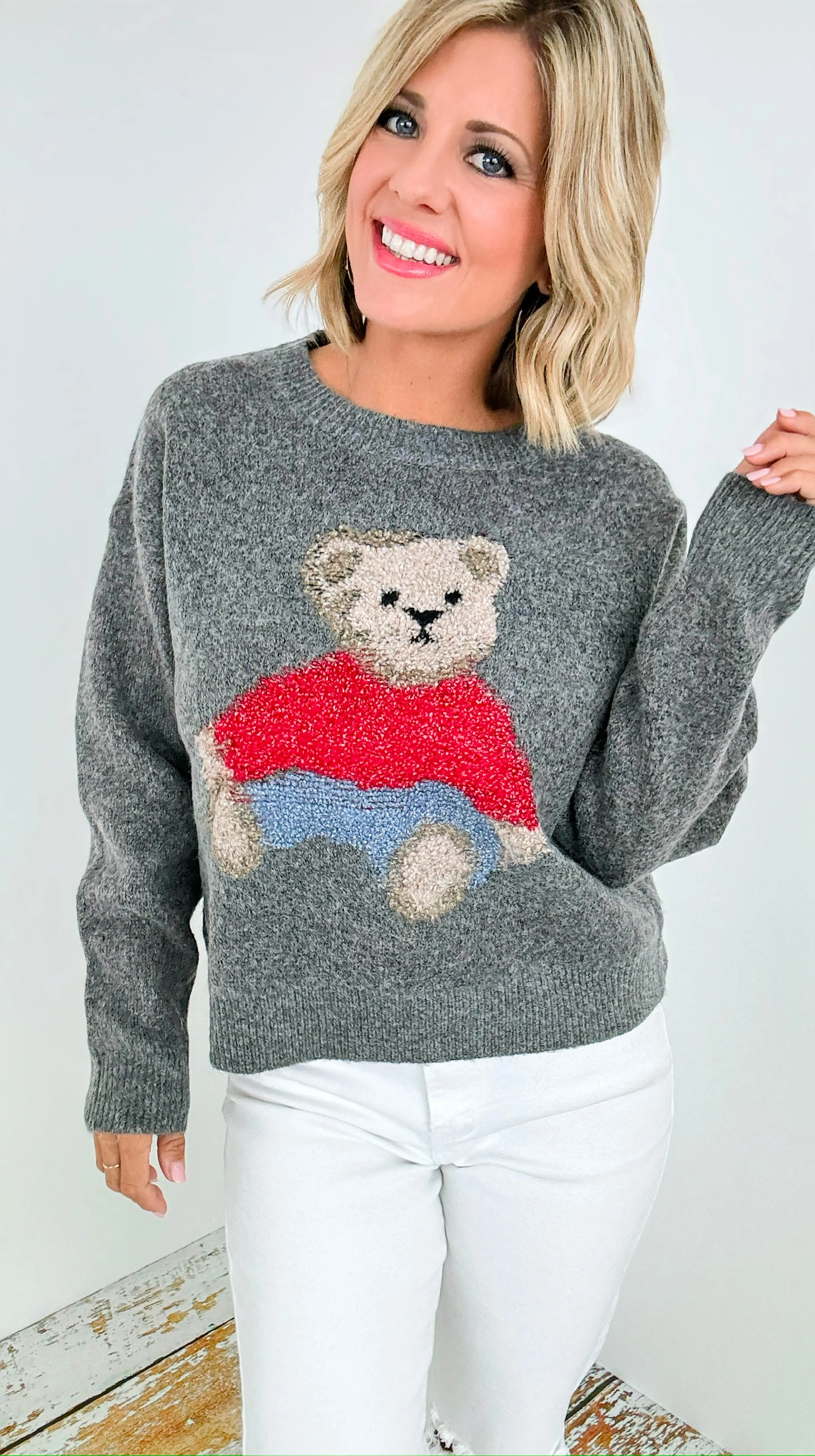 Cozy Bear Knit Sweater - Grey