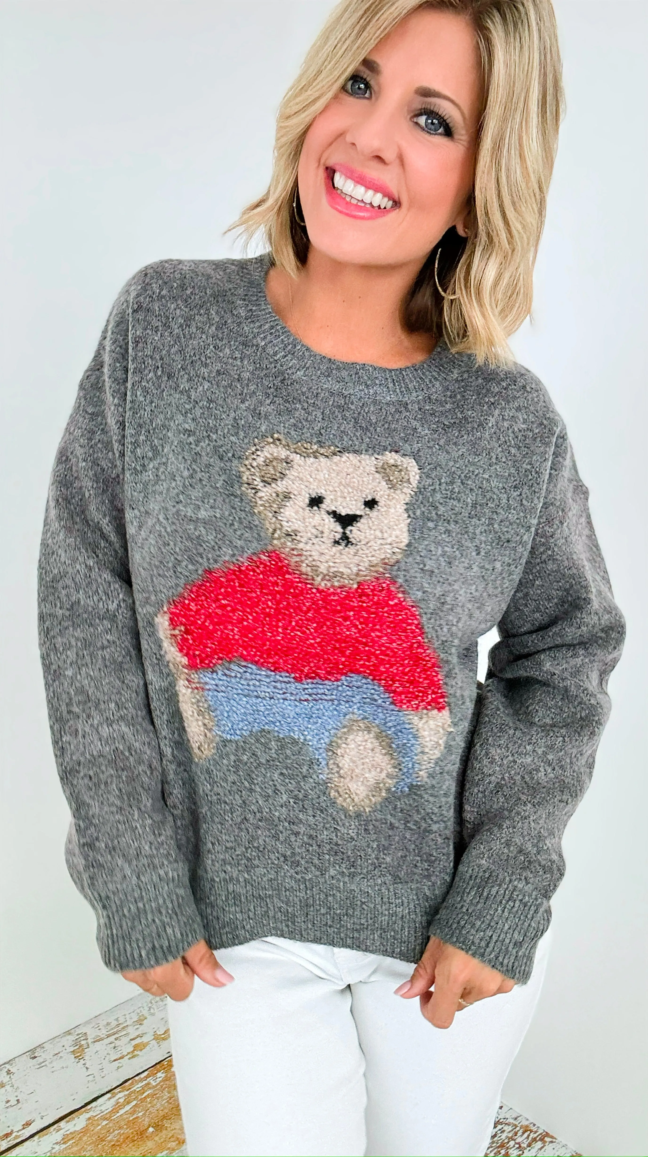 Cozy Bear Knit Sweater - Grey