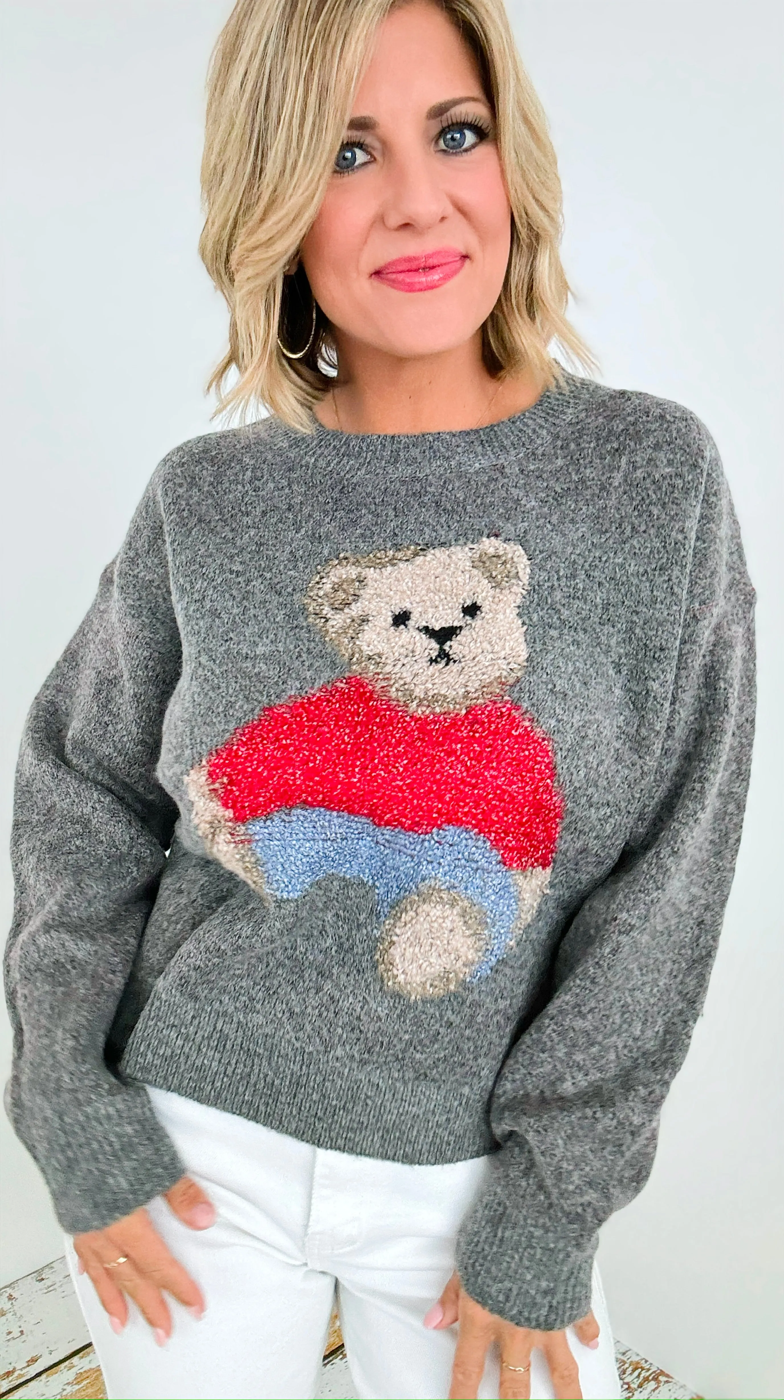 Cozy Bear Knit Sweater - Grey