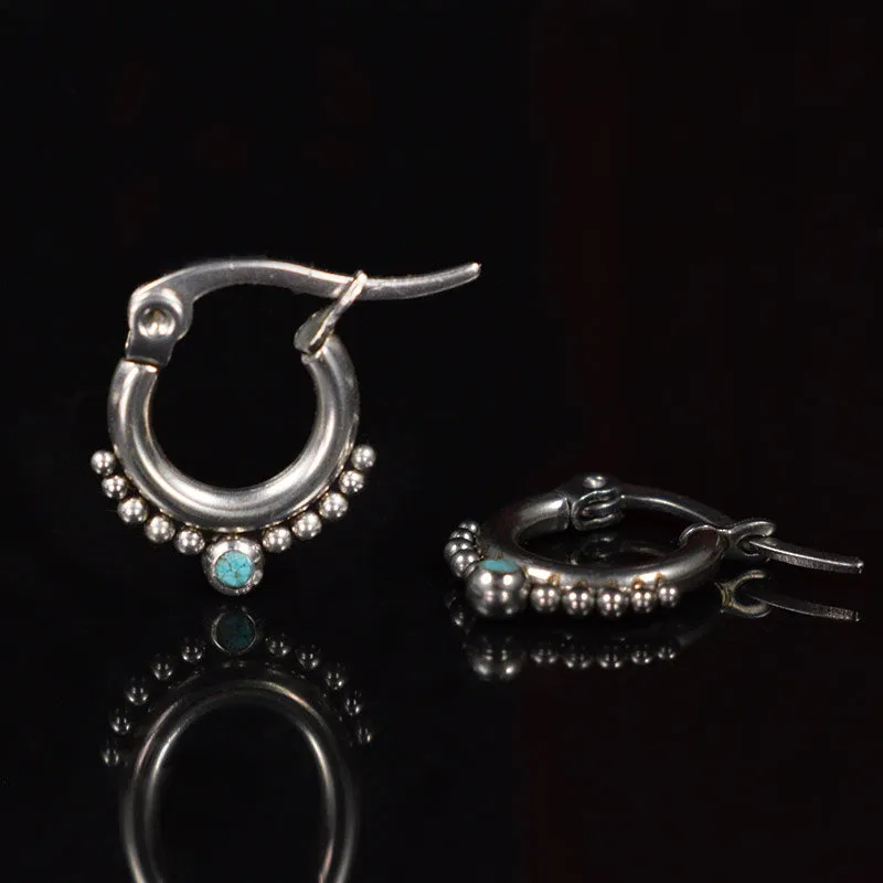 Small Dotted Hoop Earrings with Turquoise Stone