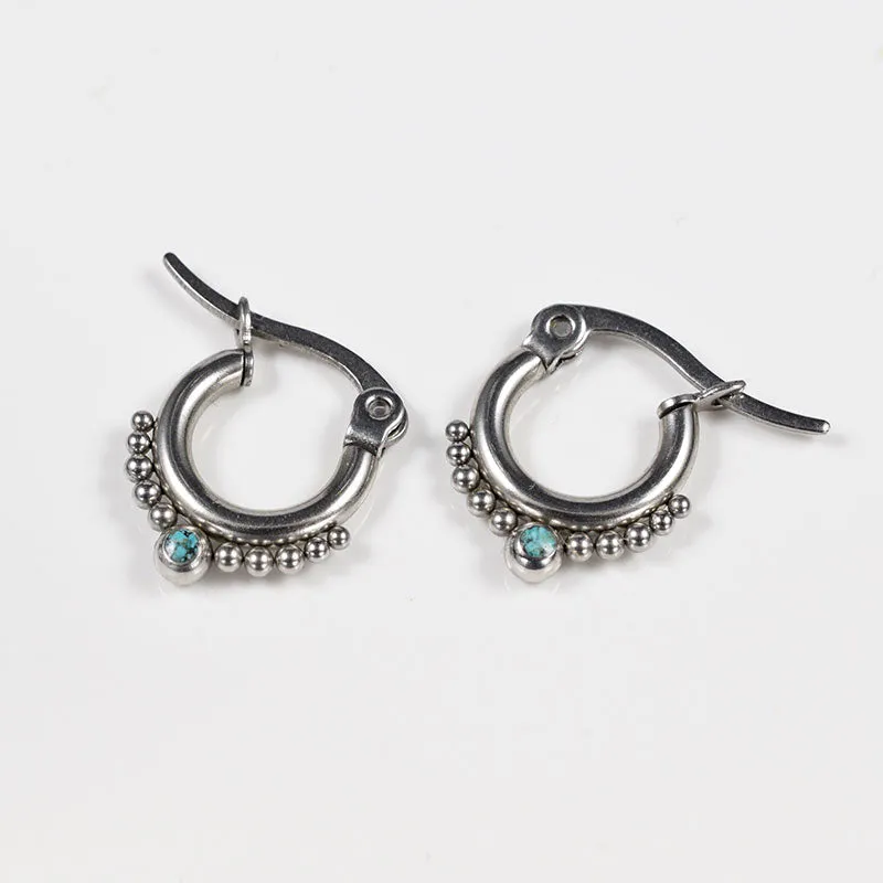 Small Dotted Hoop Earrings with Turquoise Stone